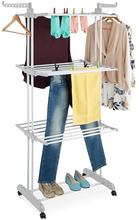 Relaxdays Wäscheständer Turm, ausklappbare Flügel, HBT: 179 x 126 x 63,5 cm, Metall, rollbarer Turmwäscheständer, weiß