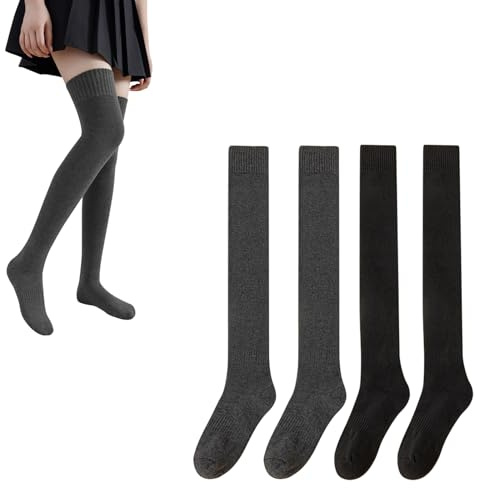LUVDECO 2 par varma dam overknee strumpor, kvinnor stickade långa knästrumpor, vinter overknee långa stövletter, dam lårhöga termostrumpor för vinterpresenter, svart, mörkgrå, one size