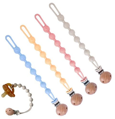 Silicone Dummy Clips Chain, 4Pcs Mam Dummies One-Piece Design Pacifier Clip Portable Wooden Pacifier Clips BPA Free Bibs Dummies Easy to Clean Dummy Holder for Boys Girls (Yellow, Pink, Blue, White)