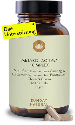 SUNDAY NATURAL® 120 Stoffwechsel Kapseln Metabol Active* - Diät Unterstützung – Hochdosiert mit Bittermelone, Garcinia Cambogia, Grüntee, Chrom, Cholin – Laborgeprüft, vegan, ohne unnötige Zusätze