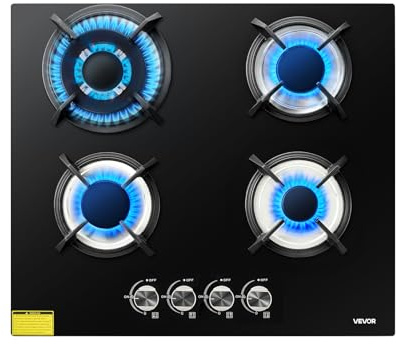 VEVOR Piano Cottura con 4 Bruciatori da 600 mm a 4 Fuochi, Piano Cottura in Vetro Temperato da Incasso da 7800 W, a Doppio Combustibile Convertibile GPL e GN con Protezione Termocoppia per Rosolare