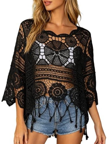Crochet Tops for Women UK Sexy Hollow Out Crochet Top Casual Short Sleeve Jumper Summer Knit Sweater Cover Up Pullover Lightweight Oversized Streetwear Baggy Y2K Tops