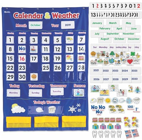 Learning Resources Calendar & Weather Pocket Chart - Classroom Must Haves, Teacher Supplies, Back To School, Daily Routine For Kids, Kindergarten and Homeschool Essentials, Vocabulary Flash Cards