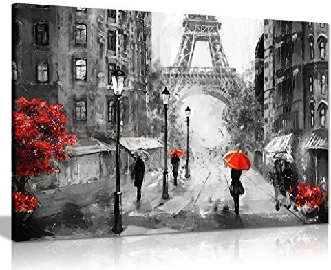 Black White Red Oil Painting Paris Eiffel Tower Street View Canvas Wall Art Picture Print (18x12)