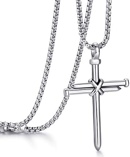 MUERDOU Cross Necklace for Men Cross Pendant STRENGTH Bible Verse Stainless Steel Necklace Silver Nail