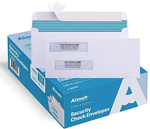 Aimoh 500#8 Double Window Self Seal Security Envelopes - for Business Checks, QuickBooks & Quicken Checks, Size 3 5/8 x 8 11/16 Inches - Checks Fit Perfectly - Not for Invoices, 500 Count (30180)