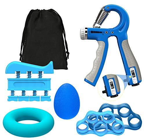 MoKo Handtrainer 6er Set, Unterarmgriff Trainingsset Unterarmtrainer mit Zählfunktion Verstellbarer Fingertrainer mit Trainingsring Griffball für Muskelaufbau Krafttraining Sportler - Blau