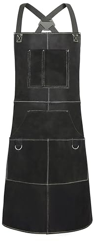 ANTAITHER Black Leather Welding Apron with 6 Pockets - Heavy Duty, Heat & Flame Resistant 36Inch