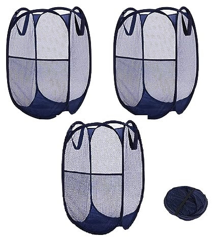 JIUAI 1Pcs Collapsible Mesh Pop-Up Foldable Net Laundry Basket Bag, Large Foldable Mesh Laundry hamper basket with Side Pockets for Dirty Clothes,Folding Laundry-Basket - Navy and Black