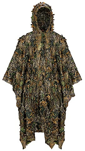 Ginsco 3D Leafy Camo Poncho Camoflage Woodland Cape Lightweight Ghillie Suit for Men, Ghillie Hood for Turkey Hunting Bird Watching Military Training Outdoor Airsoft Wildlife Photography Halloween
