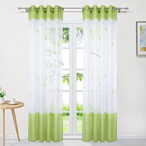 Delien Voile Gardinen Modern Transparente Gardinenschals Landhaus für Wohnzimmer »Schmetterling« Vorhang mit Stickerei Flächenvorhänge Fenster Schal mit Ösen 1 St.,BxH 140x145cm,Grün