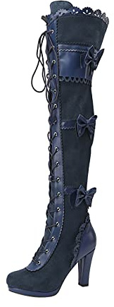 SOOUICKER Cuissardes au-dessus du genou pour femme - Talon haut - Style steampunk gothique victorien - Bottes à lacets, bleu, 41 EU