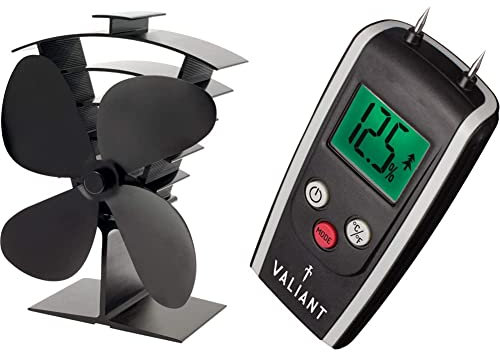 VALIANT (FIR361 Premium IV 4-Blade Heat Powered Log Burner & Stove Fan, Black & FIR421 Digital Moisture Meter for Firewood Timber and Brickwork, Black