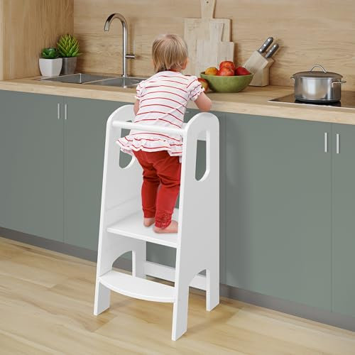 Lernturm höhenverstellbar Bellabino Luni, Lerntower aus weißem Birke Sperrholz für Kleinkinder ab 1 Jahr oder dem Stehalter mit Trittschemel 3-Fach verstellbar