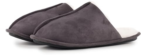 London Shoe Co Mens Slip On Faux Suede Slippers with Luxury Faux Fur Lining - Ideal Xmas Gift (Luxury Grey, UK8/9)