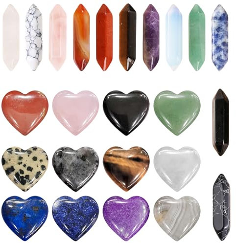 DALAETUS 24 Piezas Naturales Cristales Curativos Set, Reiki Piedras de Chakra con Palma de Bolsillo en Forma de Corazón Piedras, Healing Crystals para Meditación, Terapia de Cristal