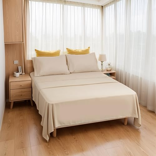 Etrexonline Set Lenzuola Matrimoniali 4 Pezzi per Letto 135x190/200cm, Completo Lenzuola Microfibra Traspirante Ultra Morbido - Include 1 lenzuolo sopra, 1 lenzuolo con angoli e 2 federa - Beige