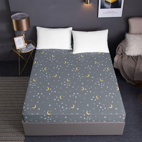 Odot Spannbettlaken Mikrofaser, Sternenhimmel Muster Spannbetttuch Elastisch Weich Atmungsaktiv Spannleintuch für Boxspringbetten, Knitterfrei Spannbetttücher (Gelb Mond,140x200+30cm)