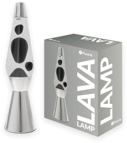 Fisura - Schwarze Lavalampe. Chromfuß, schwarze Lava und transparente Flüssigkeit. Retro-Lavalampe mit Ersatzbirne. 11,5 cm x 11,5 cm x 40 cm.