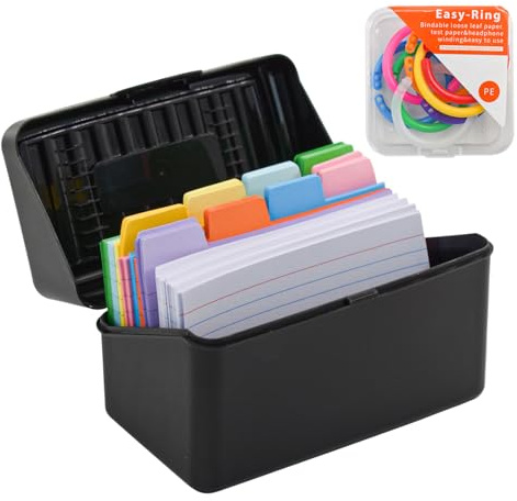 VANRA Organizador de tarjetas de índice de 3 x 5 pulgadas, 300 tarjetas de índice de colores, tarjetas de notas en blanco con anillo (negro)