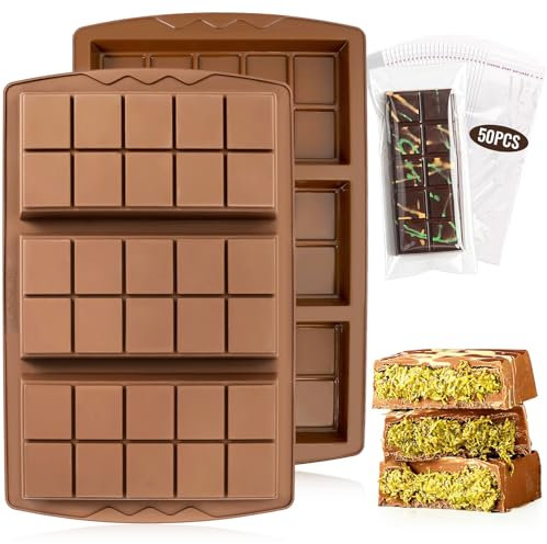 Schokoladenform Silikon Tief, 2 Stück Dubai Schokolade Form, Extra Tief Schokoladenform Mit 50 Stück Beuteln, Silikonform Schokolade 2cm Tiefe, Schokoladentafel Form für Praline Süßigkeiten