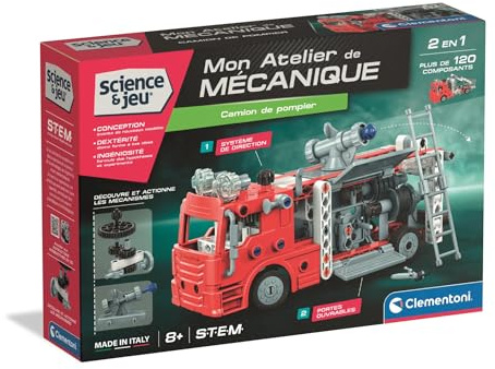 Clementoni | Coffret Construction Camion de Pompier 2 en 1 | 8 Ans + | Mon Atelier Mécanique | Mécanismes | STEM | + 120 Pièces | Manuel 3D | Réplique | Fabriqué en Italie | Cadeau Jouet Enfant