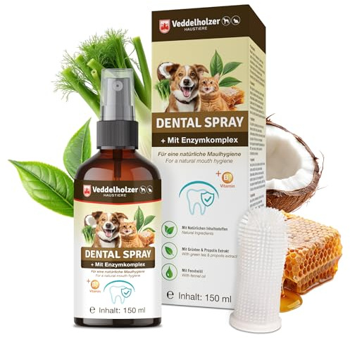 Veddelholzer 150 ml Probiotisches Dentalspray Set für Hunde & Katzen mit Fingerzahnbürste & Enzymkomplex Zahnpflege Zahnsteinentferner effektiv gegen Mundgeruch natürliche Zahnpflege als Spray