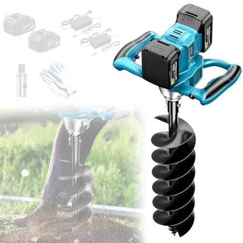 1200W Electric Post Hole Digger, Spiral Digger Fence, Drill Speed 350-850r/min, with 2 Batteries, 6 Adjustable Gears, for Installing Fence Posts, Planting Trees, Foundation Engineering
