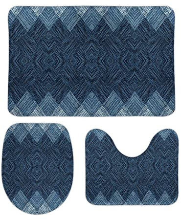 Juego de 3 Alfombrillas de Baño Geometría de Textura de Degradado Azul Antideslizante Contour Lid Tapa de WC Cómoda Cubierta de WC para Sala de Estar Decoración