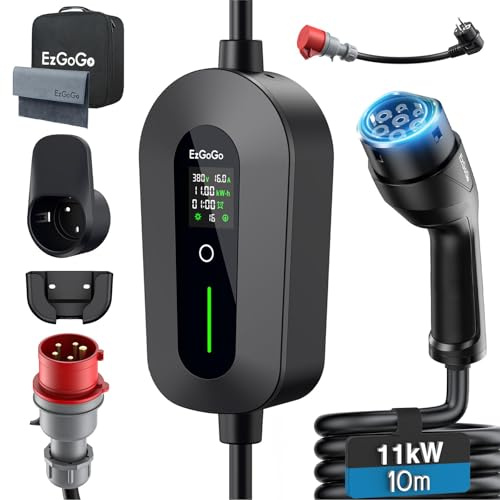 EzGoGo Mobil väggbox 11kW laddare typ 2 (3-fas) med 10m laddningskabel CEE 16A till typ 2 inkl. daglig användningsadapteruppsättning | EV-laddstation [6/8/10/13/16A] | Hög IP65-skydd | För elbilar