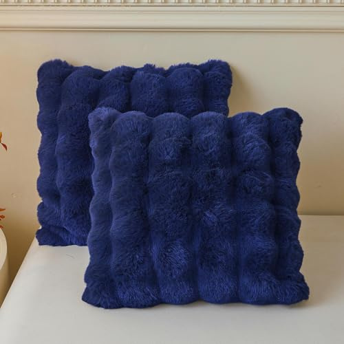 LIFEREVO 2 Pieces Fluffy Faux Rabbit Fur Cushion Covers 45x45cm, Luxury Plush Shaggy Bubble Square Throw Pillow Covers with Zipper, Home Decor Furry Pillow Shams for Bed Couch Sofa Chair, Navy Blue
