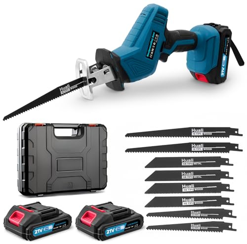 Worshow Scie Sabre Sans Fil 21V, 0-4000 RPM Scie Sabre à Batterie à Vitesse Variable avec 2 x 2.0Ah Batteries, Scie a Bois avec 8 Lames pour Couper le PVC/Bois/Métal – Bleu