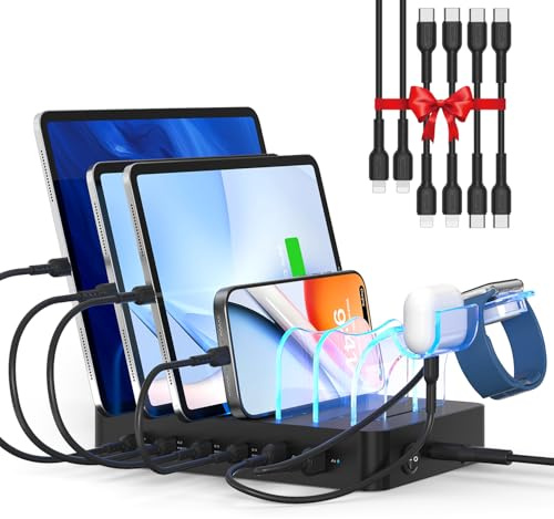 SooPii 90W Stazione di Ricarica a 6 porte Caricatore USB con ricarica rapida USB C PD da 20W, supporto 2 in 1, 6 cavi corti inclusi per lPhone, lPad, tablet e altri dispositivi elettronici, nero