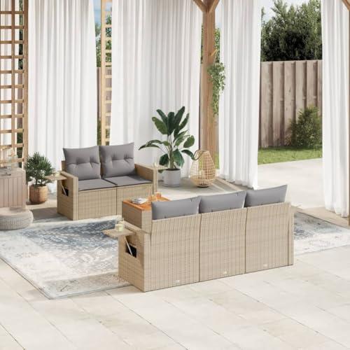 Frdhee Muebles de terraza, salón, sofá, 6 piezas, conjunto de sofá de jardín con cojín de ratán de poli beige, grupo de asientos para jardín, terraza y balcón, se puede instalar rápidamente