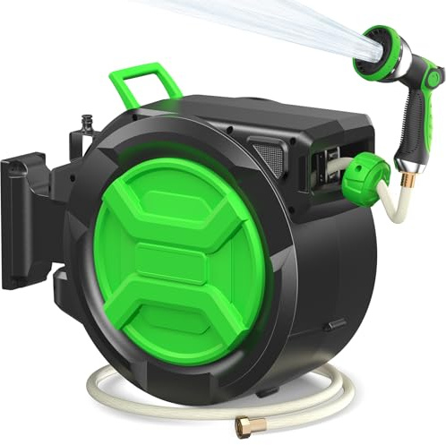 Garden Hose Reel 2-in-1 Wall Mounted Portable Auto Rewind Hose Reel with 180° Swivel Bracket, Any Length Lock & 9-Pattern Nozzle,1/2 30+2m Retractable Garden Hose Reel for Garden, Patio, Car Washing