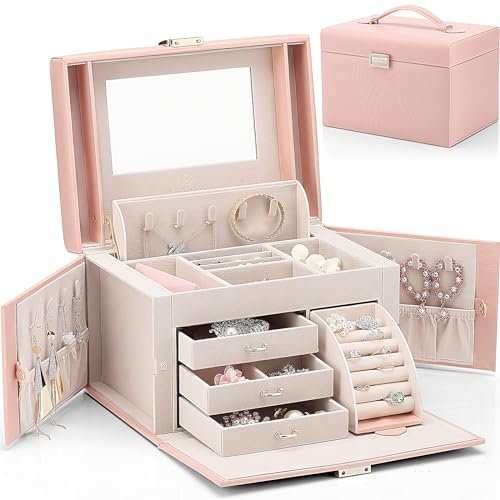 Vlando Faux Leather Jewellery Box, Hochleistungs-Schmuck-Organizer Aufbewahrungsbox mit 3 Schubladen für Armbänder, Ohrringe, Ringe, Halsketten, Geburtstagsgeschenk zur Hochzeit (Pink)