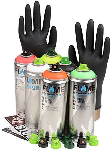 klamottenstore Sprühdosen Set Flame Neon-grün-orange-gelb-pink, Fluorescent Farb Spray + schwarz & weiß + Ersatzsprühköpfe, Carbon neutral, CO2 neutale Produktion