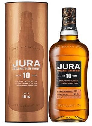 JURA - 10 ans - Whisky Single Malt - Notes de Chocolat Noir & Café Moulu - Origine : Écosse/Jura - 40% Alcool - 70 cl