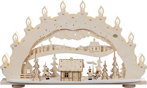 Rudolphs Schatzkiste 3D-Lichterbogen „Skihütte – Räucherhaus mit Räucherhaus,10-flammig elektrisch beleuchtet BxHxT 66x40x11,5cm NEU Schwibbogen Leuchterbogen Fensterdekoration