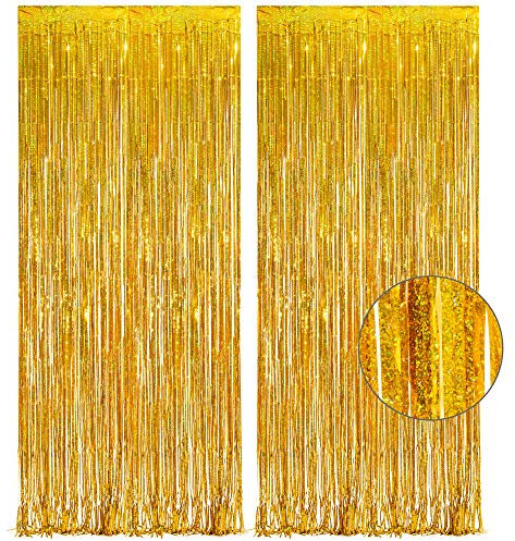 Silvester Lametta Vorhang Gold Glitzer - GREATRIL Party Vorhänge Foto Hintergrund Luftschlangen Geburtstag Dekoration für New Year 2026 BVB Bagger Geburtstag Hollywood Biene Abschluss Beach Party Deko