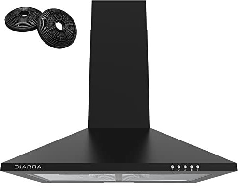 CIARRA ASB6201 Hotte Murale de Cuisine 60 cm, Classe A++, 370 m³/h, 3 Vitesses, Évacuation & Recyclage avec Filtres à Charbon CBCF002X2 - Noire