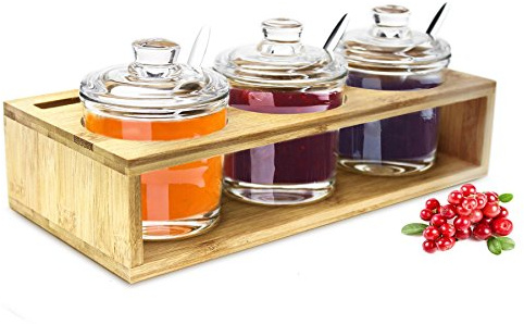 Sendez Set di 3 barattoli per spezie con struttura in legno e cucchiaio, per parmigiano, per marmellate, miele, zuccheriera, 27 x 13 x 12 cm, 10 pezzi