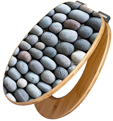 banjado Design WC Sitz Bambus Absenkautomatik 45,8x37,5cm / Toilettendeckel mit Absenkautomatik Holz/hochwertiger Bambus Klodeckel/WC-Sitz für gängigen Toiletten/Motiv Runde Steine