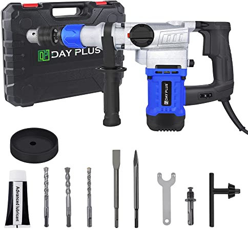 SDS Plus Rotary Hammer,Power Multifunctional Hammer Drill Vibration Control & Safety Clutch 0-800 r/min Electric Demolition Jack Hammer,360°Rotating Handle,Variable Speed,with Grease,Chisel,Drill Bits