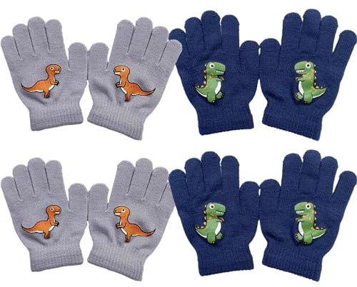 EUPSIIU 4 Paia Guanti in Maglia Invernali Caldi da Ragazzi Bambini, a Dita Intere Con Dinosauro, 6 x 2,36 Pollici (Blu Scuro, Grigio)