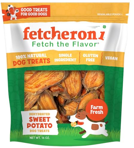 FETCHERONI Sweet Potato Dog Treats, Healthy Dental Treats, Dehydrated Vegan Chews, High Fiber Gluten Free, Vegetarian Pet Food for Training and Teeth Cleaning for Canines 16oz