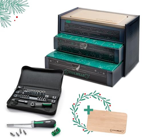 STAHLWILLE Werkzeug Adventskalender 2024 2025 | 1/4“ Knarre, Ratschen-Schraubendreher, Steckschlüssel, Bits, | Premium Steckschlüsselsatz Made in Germany