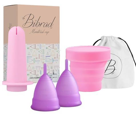 Bibrad - Cup Menstruelle - 2 coupes menstruelles tailles M et L, une coupe stérilisante et un sac de transport en coton - 100% silicone de qualité médicale, lavable et réutilisable (L-L+APPLICATEUR)