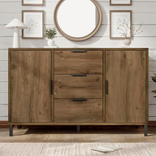 Merax Sideboard Holz Kommode mit 2 Türen und 3 Schubladen,rustikal Sideboard Küchenschrank Buffet mit Verstellbares Ablage,für Schlafzimmer,Wohnzimmer,Dunkle Eiche/120x40x76cm