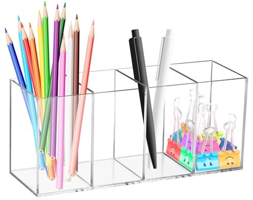 TESSTSY 4 fack pennhållare av akryl, pennhållare i akryl, transparent | penselhållare kosmetika, akrylpennhållare, för kontor, skola, hushållsbehov (22,5 x 7,6 x 9,5 cm)